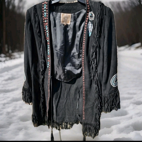 Double D Ranch Black Leather Jacket with Blue Stone and Embroidery Zuni Dreams - Picture 6 of 14